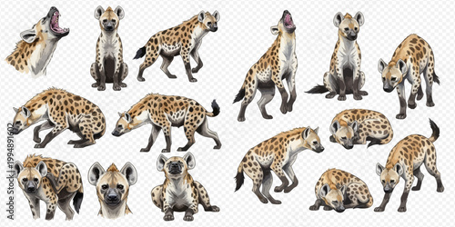 Collection of spotted hyenas in various poses and expressions on a transparent background.