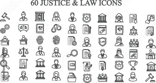 60 Professional law and justice line icons set-legal & judicial vector graphics.Perfect for professionally designed for use in web design,mobile apps,legal infographics,and brand indentities for law.