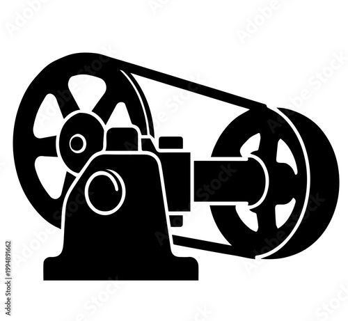 Heavy Duty Flywheel Belt Drive Mechanism Vector Silhouette Icon for Mechanical Engineering Engine Dynamics and Industrial Power Transmission