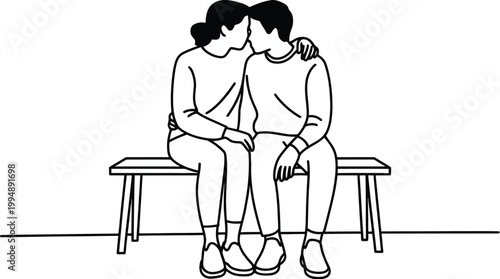 Tender, moment of two people sitting close on a bench sharing a gentle kiss in simple line art style expressing love, affection, and emotional intimacy for romantic and lifestyle themed designs.