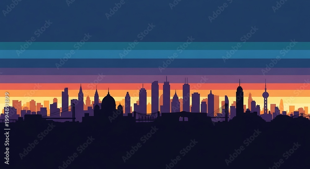 Obraz premium City skyline at colorful sunset time.