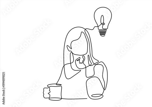 Idea light bulbs with young woman in a thoughtful face. line continuous drawing vector.