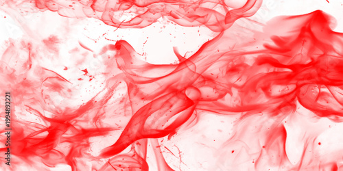 A vibrant and intense red smoke swirl captured in a close-up shot against a plain white background, creating a striking visual contrast Red smoke on white background