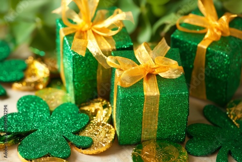 Colorful Boxes With Ribbons and Gold Coins on a Table for a Celebration Event