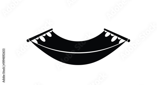 A simple black and white illustration depicts a curved hammock suspended by ropes suggesting relaxation high quality professional
