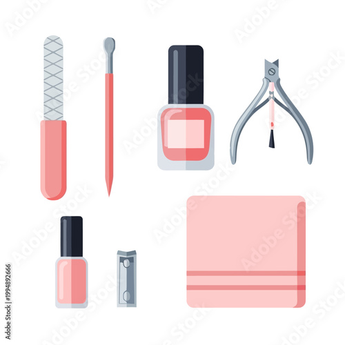 Manicure set including nail polish remover clippers file and cuticle pusher in pink and silver colors isolated on white background for beauty salon or personal care vector illustration.