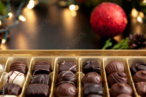 Chocolate Box With Assorted Treats During Holiday Season on a Table With Deco...