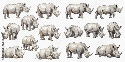 A large collection of rhinos in various poses, showcasing their majestic and powerful presence.