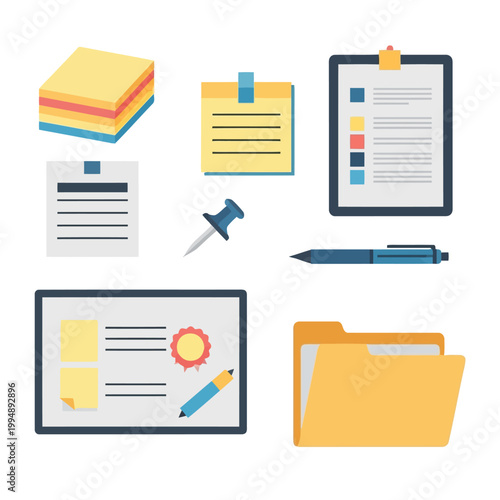Foto Set of office supplies for organization and work, sticky notes, clipboard, pushpin, pen, presentation board, and folder in flat design
