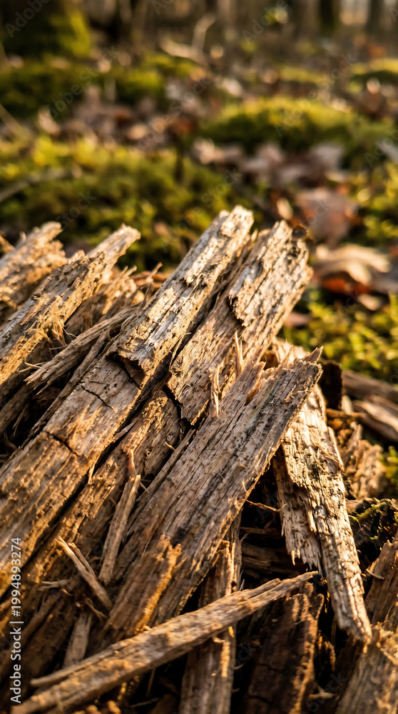 Fototapeta premium A close-up photograph that captures the texture and color of the wood chips, revealing the intricate details of their weathered surface.