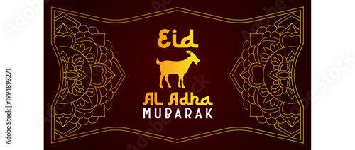 Eid Al Adha Mubarak Islamic Background with Golden Goat Silhouette and Mandala Decoration