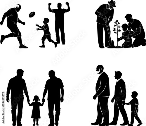 Grandfather and father silhouettes with grandchildren showing family generations and heritage.