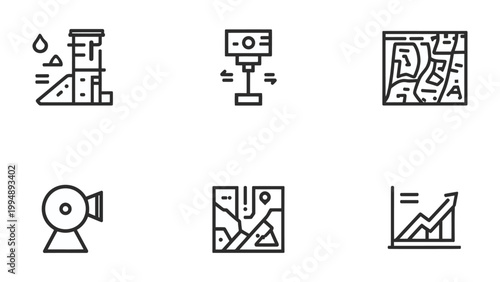 Engineering and Data Icons: A set of clean, minimalist line icons representing various elements of engineering, data analysis, and technical processes, offering versatility for digital applications.
