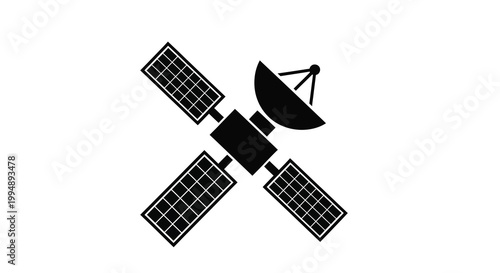 A minimalist black silhouette depicts a satellite with prominent solar panels and a dish antenna high quality professional