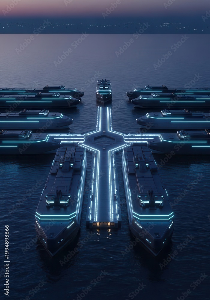 Fototapeta premium Futuristic luxury yachts are docked along a symmetrical illuminated pier at twilight.