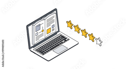 Isometric laptop with digital book on screen and four star rating for online review and feedback concept