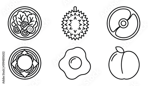 Minimalist food line art icons depicting fresh salads tropical fruit cooked items with sandwich breakfast illustration culinary