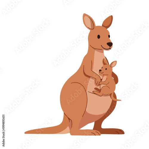 Kangaroo Mother with Joey in Pouch Vector Illustration