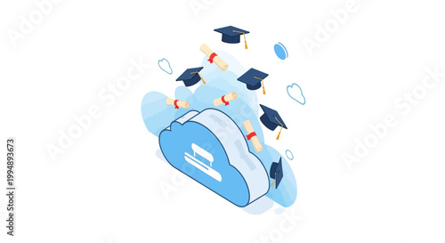 Isometric Illustration of Cloud-Based Online Education, E-Learning Platform with Graduation Caps and Diplomas