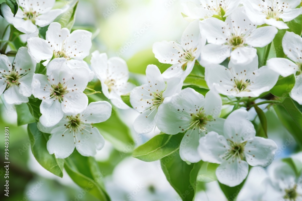 Fototapeta premium Beautiful White Flowers Bloom on Green Branches Under Clear Sky in Spring Season