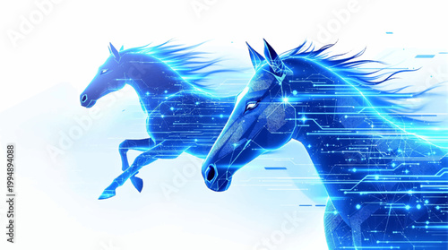 Sleek digital horses with bright circuitry on clean backdrop. Modern equine closeup glowing through minimal tech aesthetic. Futuristic stallion portrait with abstract electronic lines