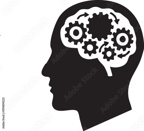 Human Head with Rotating Gears and Wheels Vector Silhouette