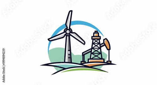 Stylized illustration of energy production wind turbine and oil rig