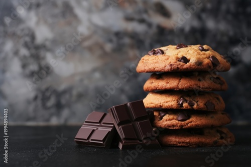 Freshly Baked Chocolate Chip Cookies Stacked With Chocolate Squares on a Dark...