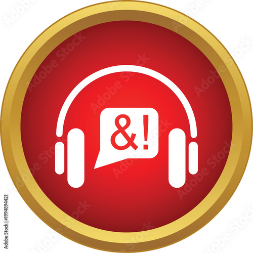Headphones icon with speech balloon containing censorship symbols on a red circle