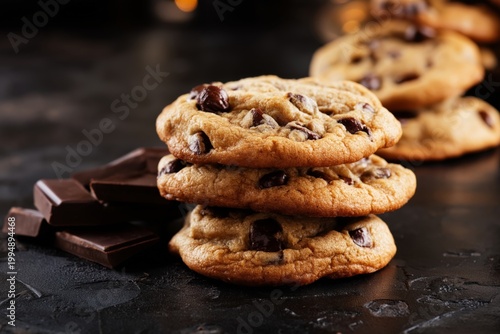 Freshly Baked Chocolate Chip Cookies Stacked With Chocolate Squares on a Dark...