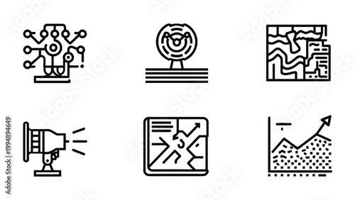 Innovation Icon Set: A modern collection of tech-related icons, perfect for illustrating concepts such as progress, networks, and advanced technology. The set is clean, versatile.