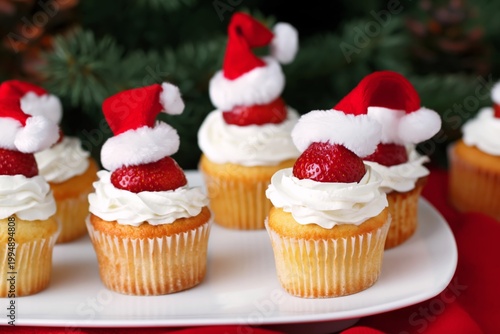 Holiday Cupcakes With Santa Hats and Strawberries on a White Platter