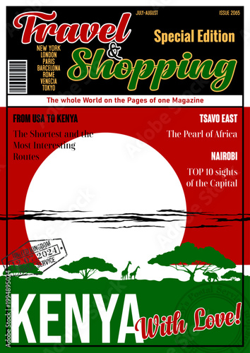 Travel and Shopping Magazine Fake Cover. Kenya with Love. African Savannah Landscape Tourist Attraction Illustration. Kenyan Flag, Vector Template for Touristic Illustrations, Posters, Covers