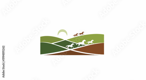 Stylized landscape with horses running over rolling hills under a crescent sun