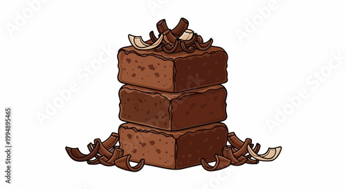 Stack of three rich chocolate brownies topped with curls