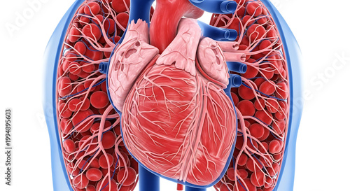 A detailed illustration of the human heart and lungs in a transparent chest