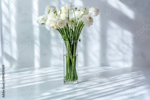 White Flowers Are Arranged in a Clear Vase on a Table With Light and Shadow P...