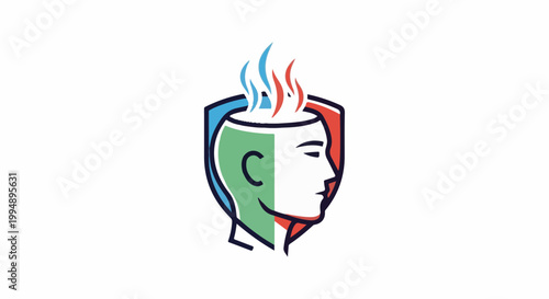 Stylized head profile with shield and steam