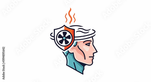 Stylized head profile with a protective shield and fan on forehead, emitting heat waves