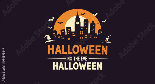 Stylized Halloween city skyline with bats, hats, and repeated "Halloween" text