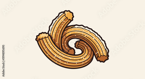 Stylized illustration of golden-brown churros, dusted with sugar, forming a swirling pattern