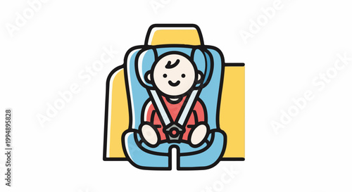 Stylized illustration of a happy baby in a car seat, secured by straps