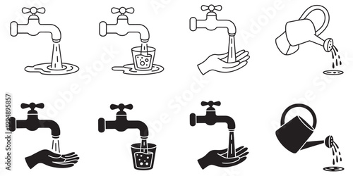 Faucet and watering can icons collection water flow usage scenarios vector illustration, minimal plumbing and irrigation concept design