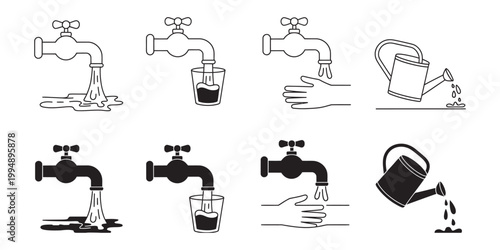Faucet and watering can icons collection water flow usage scenarios vector illustration, minimal plumbing and irrigation concept design