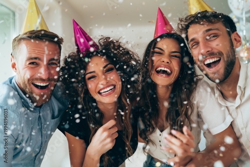 Group of Friends Celebrating at a Party While Throwing Confetti and Wearing P...