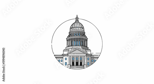Stylized dome building with columns and windows within a circle