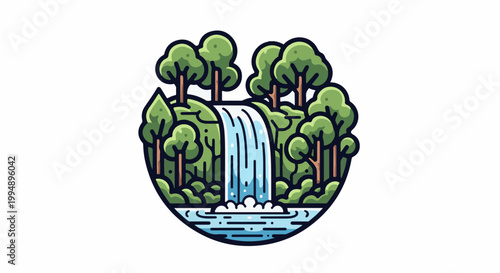 Stylized lush forest scene with a cascading waterfall into a tranquil pool