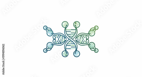 Stylized double helix with radiating molecule chains and spheres
