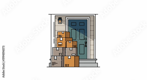 Stacked cardboard boxes sit outside a blue front door on a porch