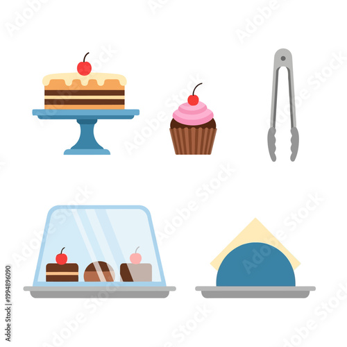 Dessert items set including cake cupcake pastries and serving tongs on a tray for parties and celebrations.